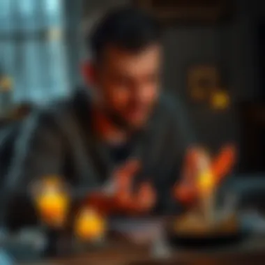 A man in his 30s examining his palm while sitting at a table with a candle and crystals