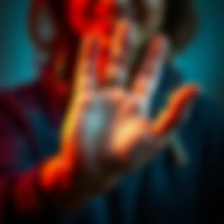 A person examining the lines on their right hand for palm reading, focusing on the palm features