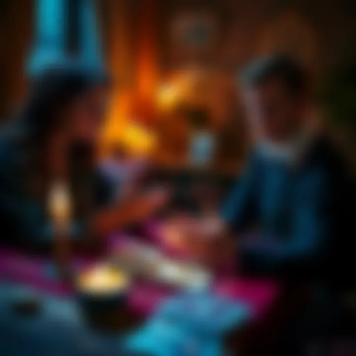 A person getting their palm read by a fortune teller in a cozy setting, with candles and tarot cards nearby.