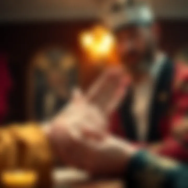 A close-up of a person's hands being read by a palm reader, with a wealthy-looking individual observing intently.