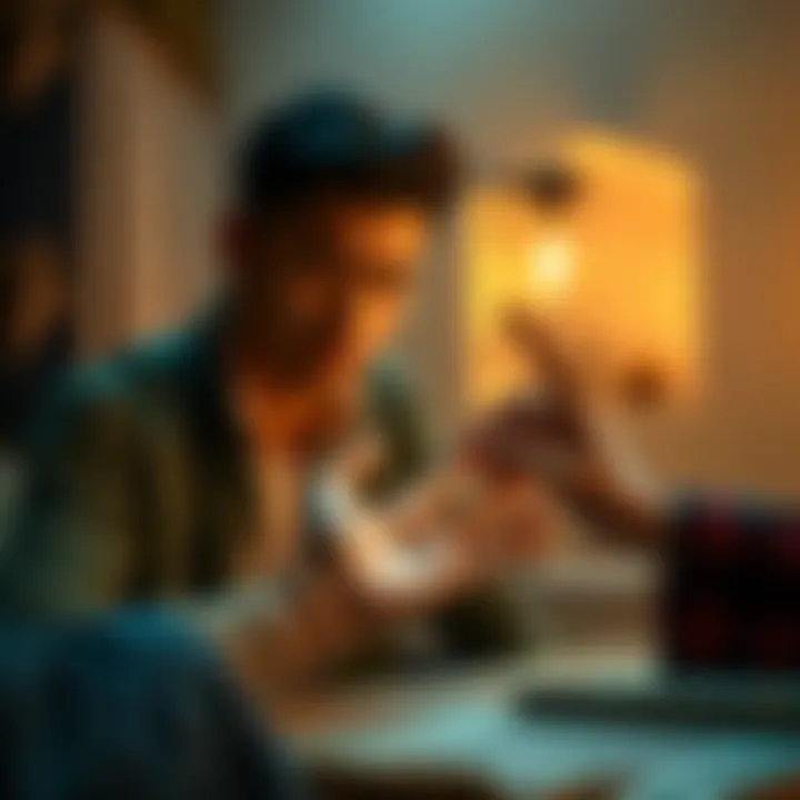 A young man observing his palm while a palm reader examines the lines on his hand.