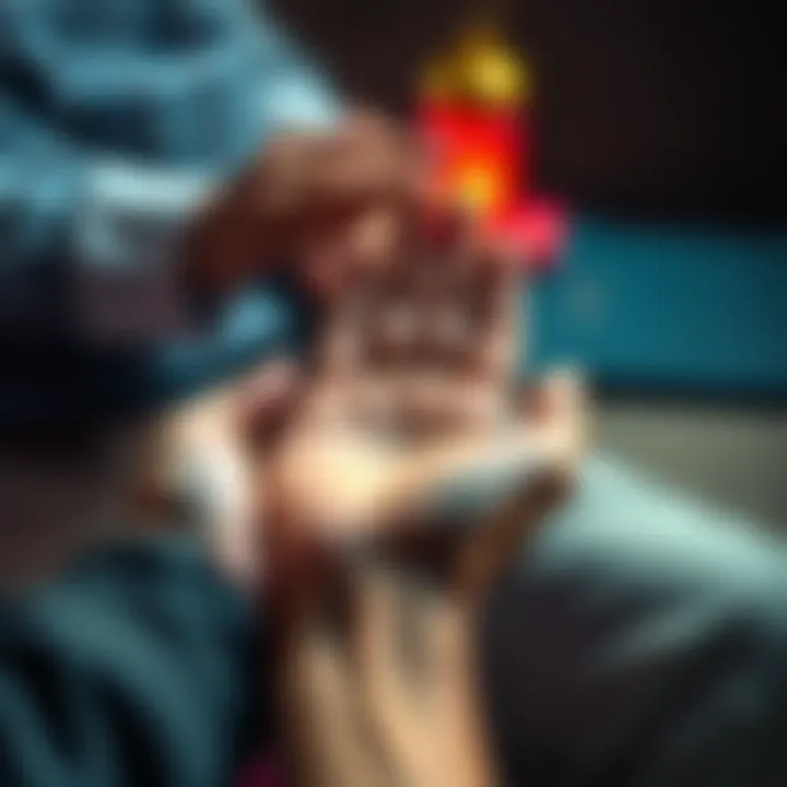 Palm Reading Session A person having their palm read by a palm reader, showing both hands with detailed focus on the palm being examined.