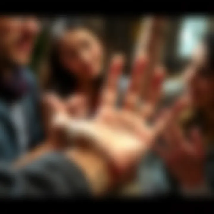 A close-up of a person's hand being examined by another person for palm reading, with focused expressions indicating curiosity and interest.