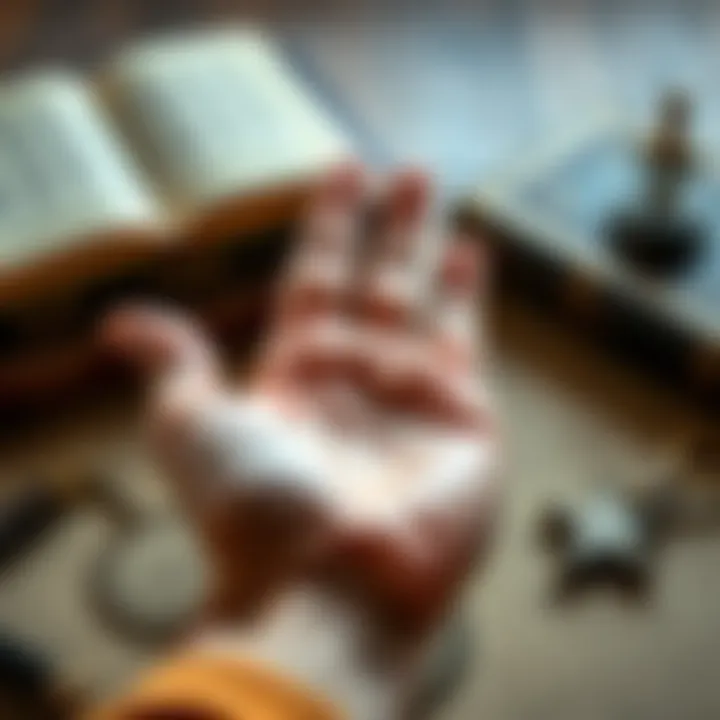 Palm readings and interpretations A close-up of a hand with visible palm lines, surrounded by palmistry books and tools for fortune-telling.
