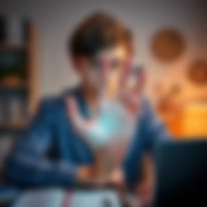 A young adult holds their hand out, focusing on the lines on their palm, with a thoughtful expression, surrounded by career-related items like books and a laptop.