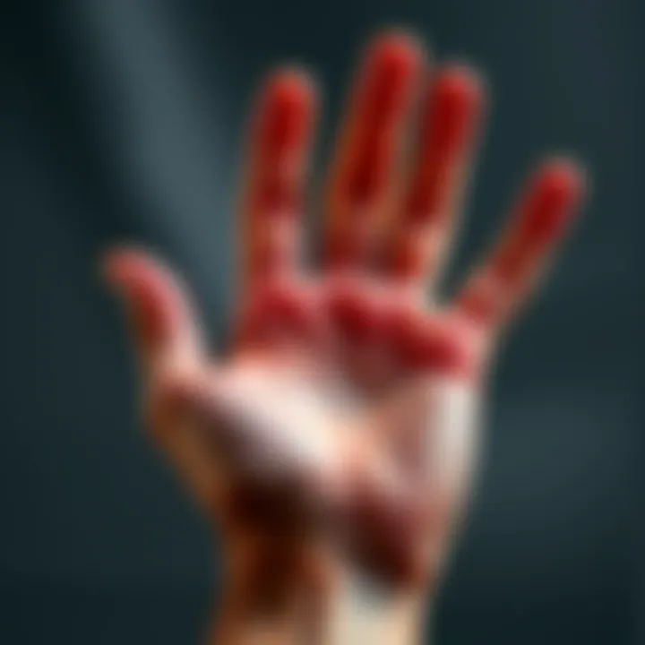 A close-up of a hand with palm lines highlighted, showing various mounts and features related to palmistry.