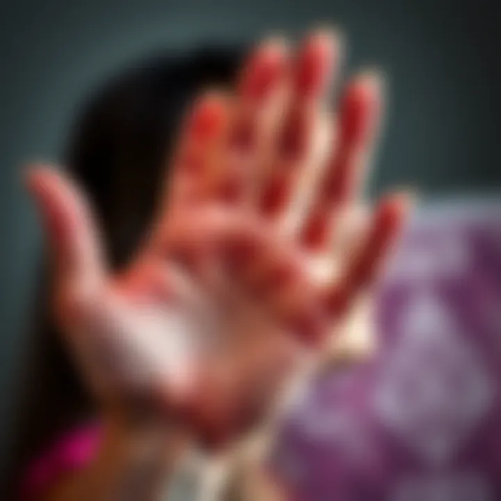 A close-up of a hand with palm lines highlighted, showing predictions about marriage, career, and health for a young woman.