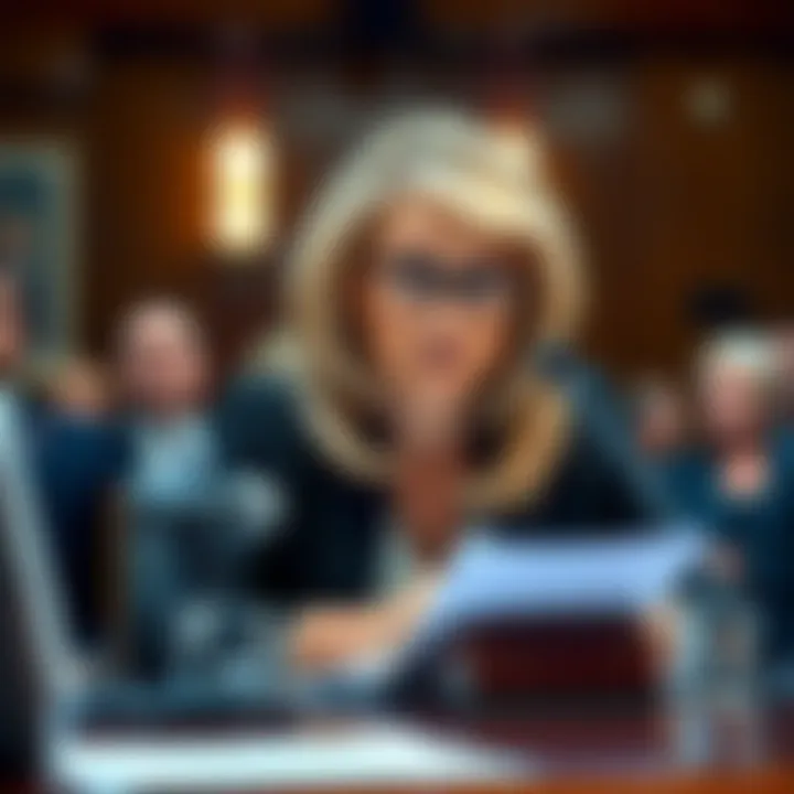 Pam Bondi sitting at a table during a hearing, looking concerned, with papers and a microphone in front of her