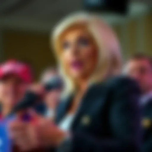 Pam Bondi passionately speaking in support of Donald Trump at a political event, showing strong emotions and engagement.