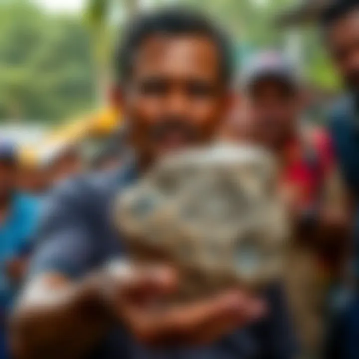 A man in Panama holds a meteorite featuring strange growths, surrounded by curious onlookers. The setting captures the excitement around this unique find.
