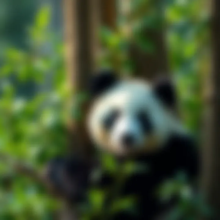 A panda sitting against a tree, surrounded by green leaves, symbolizing environmental efforts.