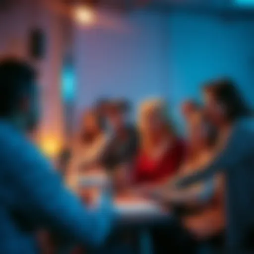 A group of people engaged in a panel discussion about the Soul Trap Theory, with microphones and notepads present. The atmosphere is lively and focused on spiritual concepts.