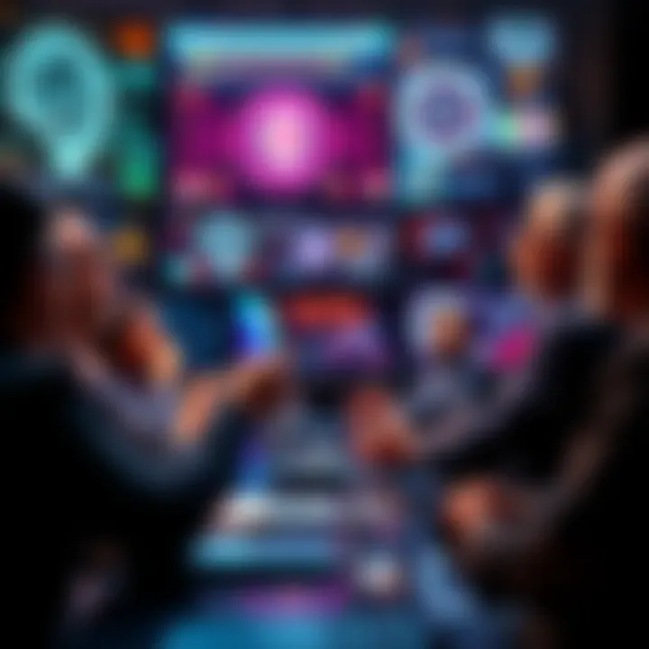 Panel of Experts Discussing Consciousness Upload A diverse group of AI researchers, neuroscientists, and philosophers engaged in a lively discussion about uploading consciousness into computers, with a backdrop of digital screens displaying relevant themes.