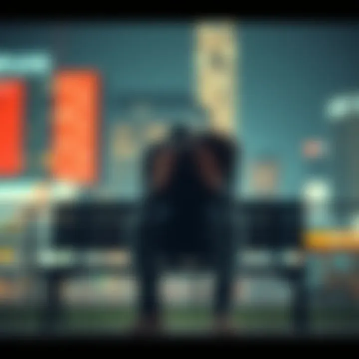 Person experiencing panic attack A person sitting alone on a bench, head in hands, looking overwhelmed and anxious, surrounded by a blurred cityscape, symbolizing isolation and fear of consciousness.