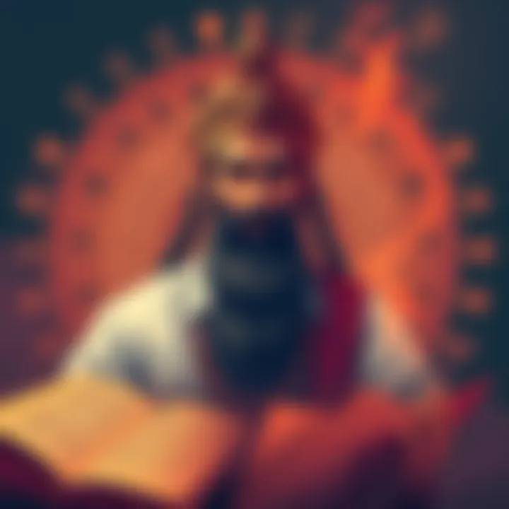 Ancient Indian Scholar Panini Illustration of Panini, an ancient Indian scholar, surrounded by Sanskrit texts and symbols illustrating his coding system for the language.