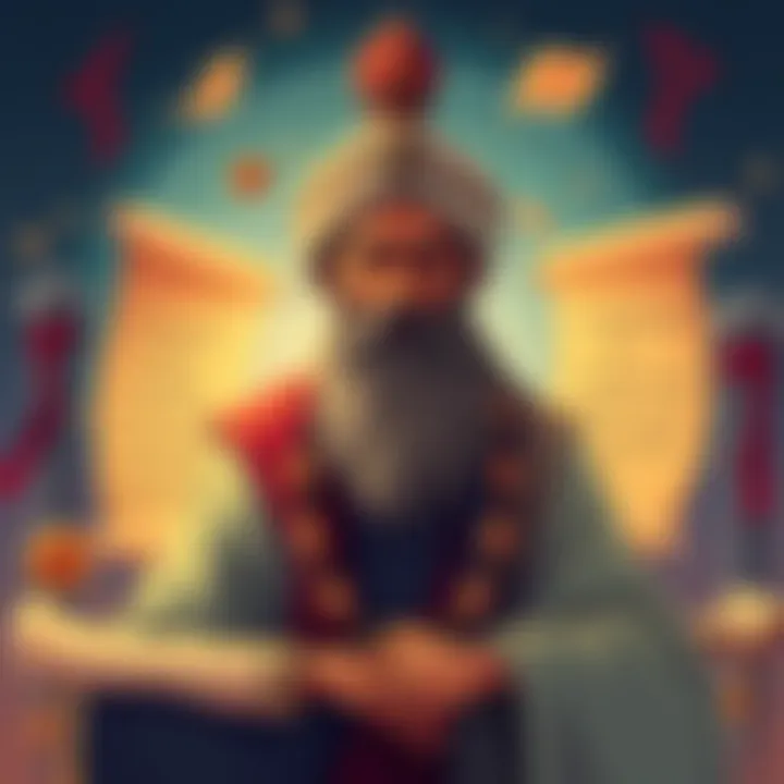 Illustration of Panini, the ancient Indian scholar, surrounded by scrolls and symbols representing Sanskrit grammar rules and programming concepts.