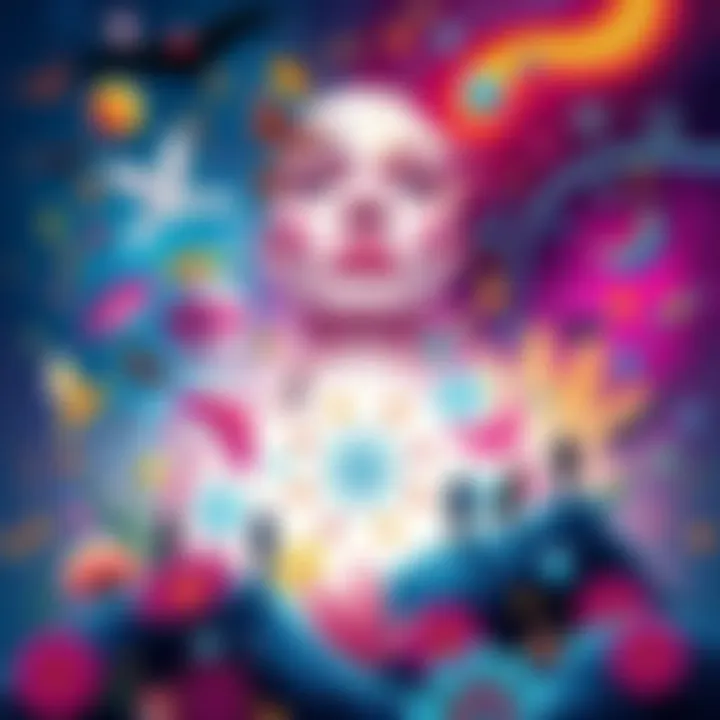 An illustration showing various forms of consciousness, including plants, animals, and humans, interconnected in a vibrant, colorful design.