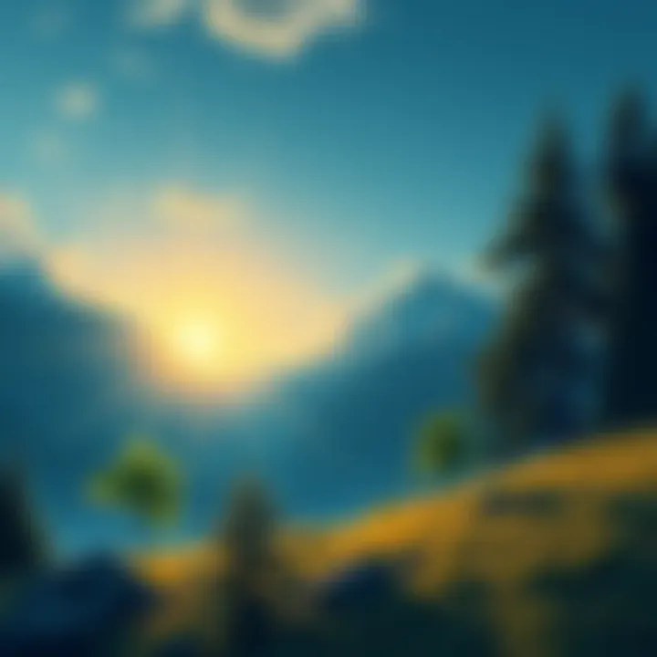 A serene landscape showing nature with trees, mountains, and a glowing sun, symbolizing the divine in all things.