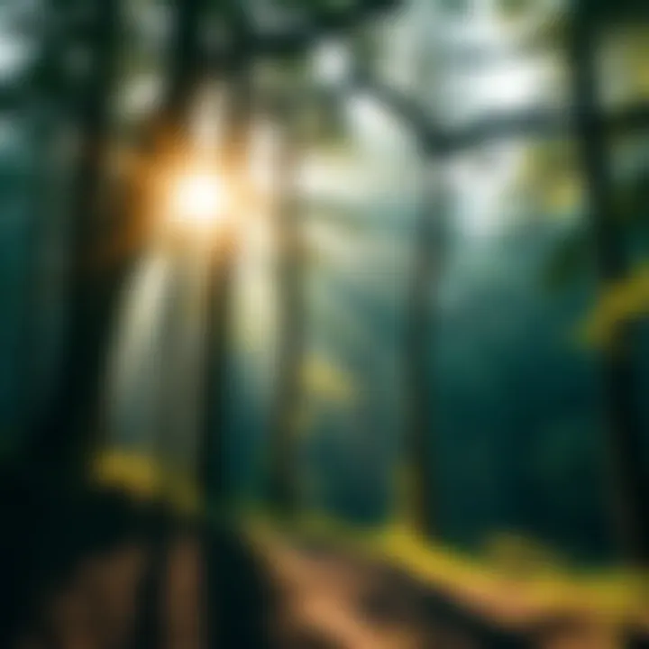 A peaceful forest scene with sunlight filtering through the trees, symbolizing the connection between nature and divinity in pantheism.