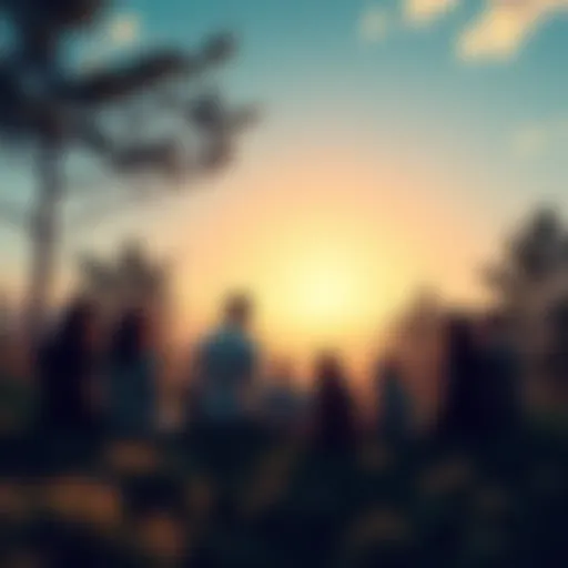 A serene nature scene showing people gathered in a circle, engaged in discussion about spirituality and the universe, surrounded by trees and a clear sky.