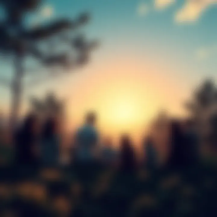 A serene nature scene showing people gathered in a circle, engaged in discussion about spirituality and the universe, surrounded by trees and a clear sky.