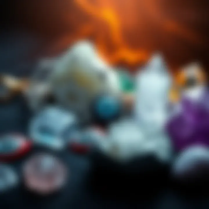 A collection of crystals and protective symbols like evil eyes, representing beliefs and practices in Pantheism.