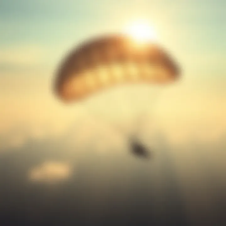 A parachute appears to be deployed in the sky, with sunlight reflecting off the fabric.