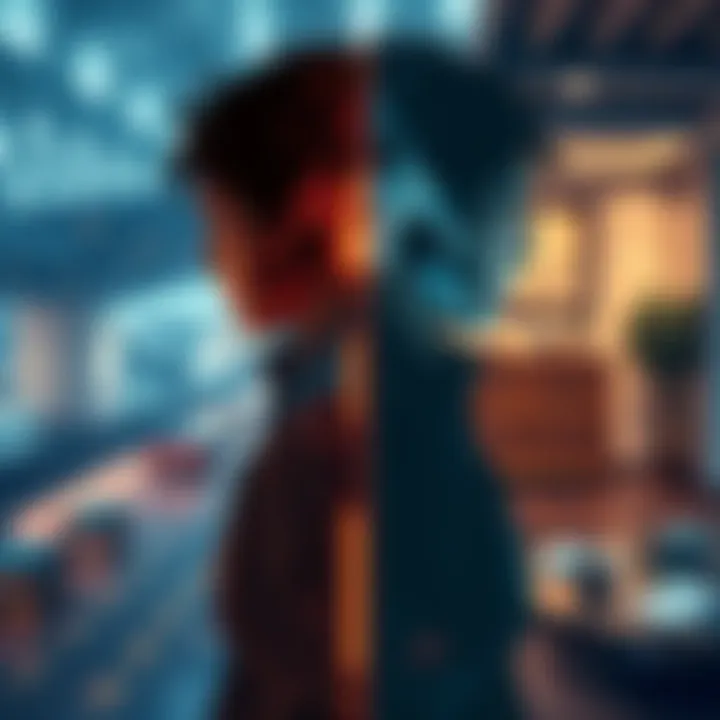 A split scene showing two versions of the same person in different environments, symbolizing a transition between parallel universes, one with a futuristic city and the other in a familiar home setting.