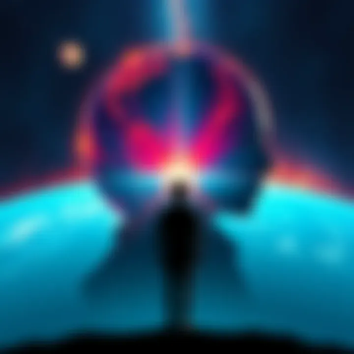 An illustration showing two overlapping worlds, one vibrant and the other shadowy, symbolizing different realities. A silhouette of a person stands in the center, looking contemplative.