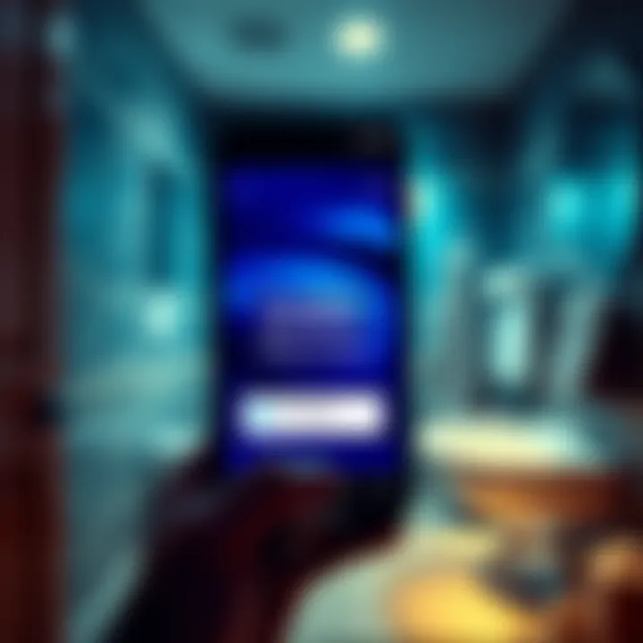A smartphone screen showing a paranormal app with the name of the deceased grandfather displayed, surrounded by a dimly lit bathroom atmosphere.