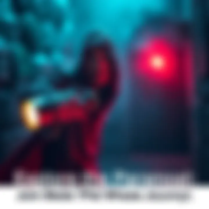 A ghost hunter with a flashlight exploring a dark, spooky location