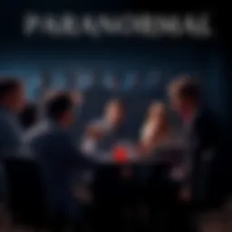 People engaging in a lively discussion about paranormal experiences, sharing stories and theories, with a dark, mysterious background.