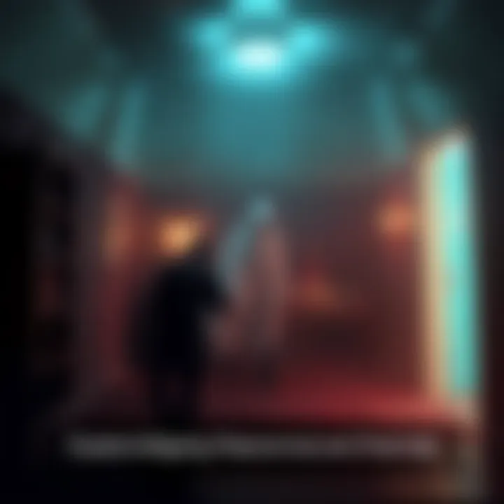 A dark room with ghostly figures and flickering lights, showcasing a paranormal investigation.