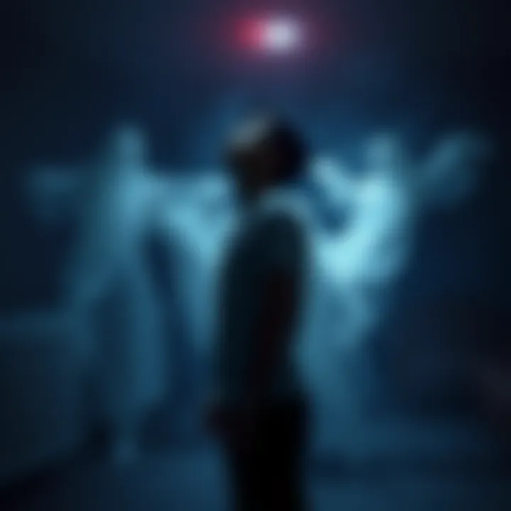 A person standing in a dimly lit room, eyes closed, with ghostly figures gently surrounding them, representing their emotional connection with spirits.