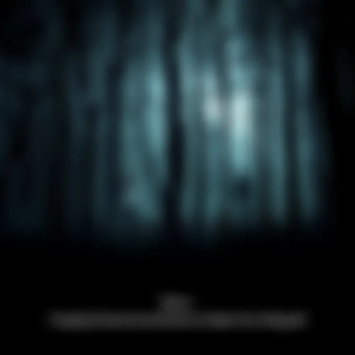 A dark, eerie forest with shadows suggesting ghostly figures among the trees