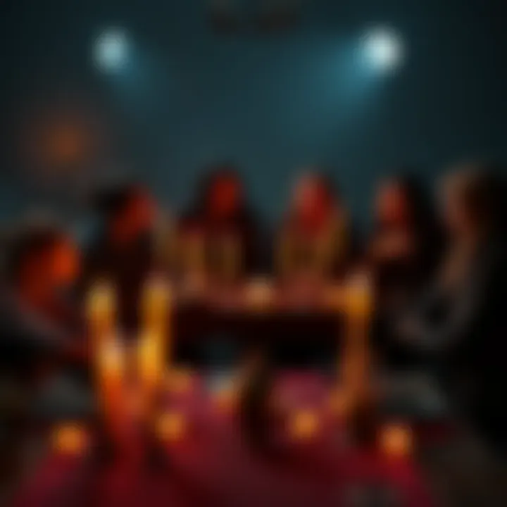 A group of people discussing dangerous rituals for paranormal research around a table with candles and mystical symbols