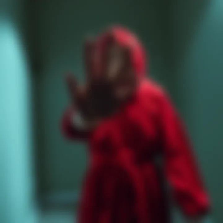 A shadowy hand appears to reach for a girl dressed in red, creating an unsettling atmosphere.