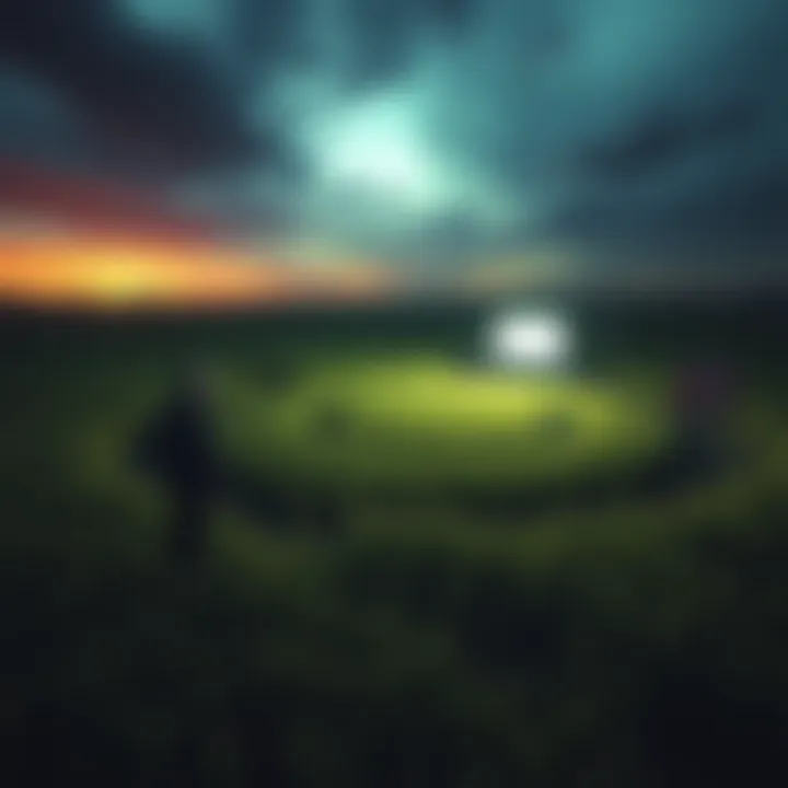 A person creating a crop circle in a field with a fake video setup nearby, illustrating hoaxes related to paranormal events.