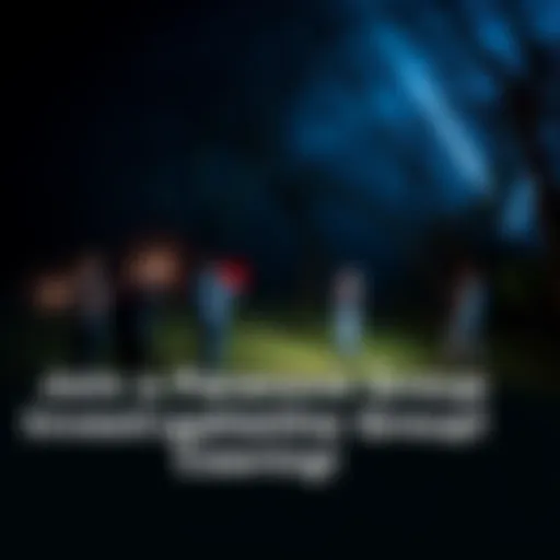 A group of people wearing flashlights exploring a dark, spooky site in Georgia at night