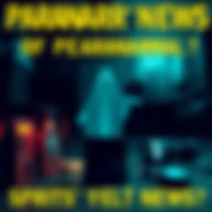 A ghostly figure appears in a dark setting, surrounded by ghost-hunting tools like EVP recorders and flashlights, as investigators look on with curiosity.