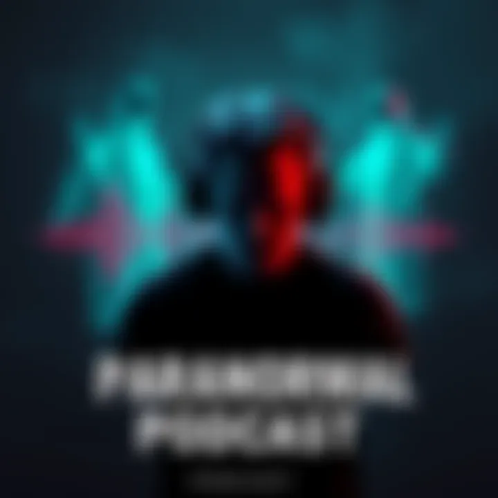 A person wearing headphones is listening to a podcast about the paranormal, with a spooky background featuring ghostly figures and sound waves.