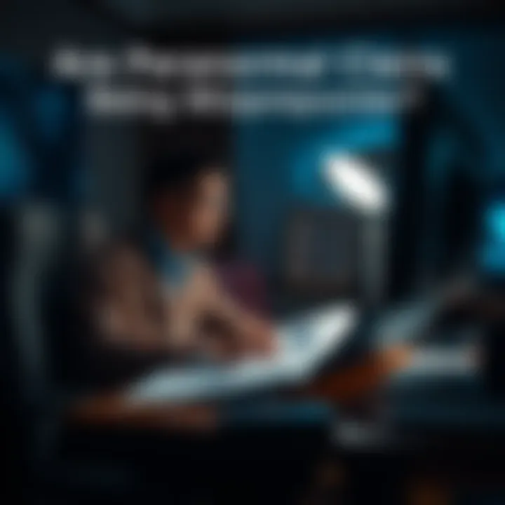 A person sitting at a desk with a computer, looking at paranormal articles and notes, questioning the validity of ghost and alien stories.