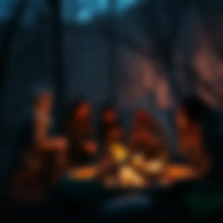 A group of people telling spooky stories around a campfire, with shadows and an eerie atmosphere