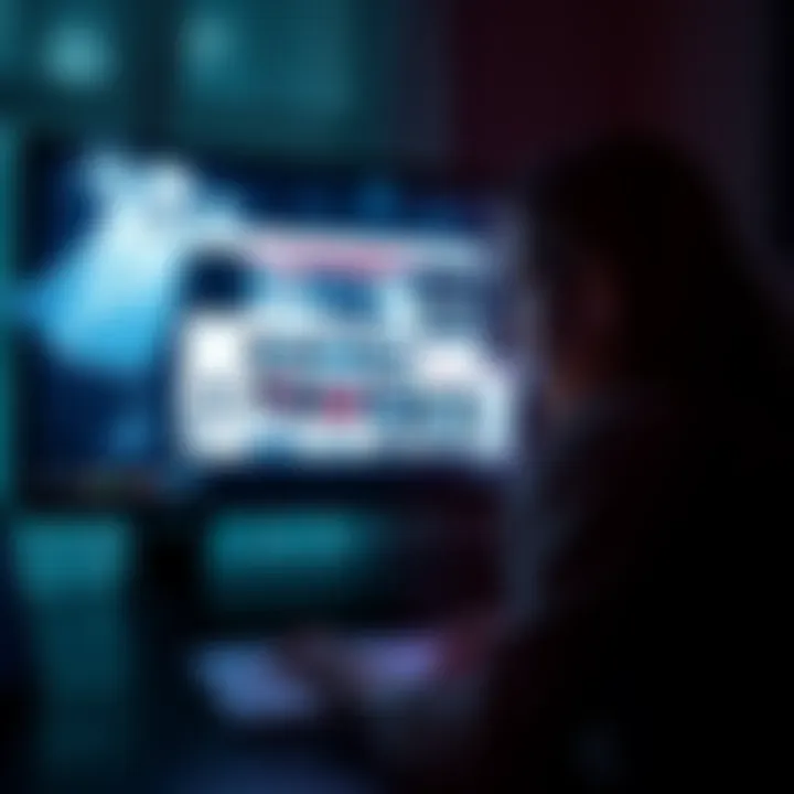 Searching for Paranormal Websites A person looking at a computer screen with various paranormal websites displayed, surrounded by ghostly images and eerie icons.