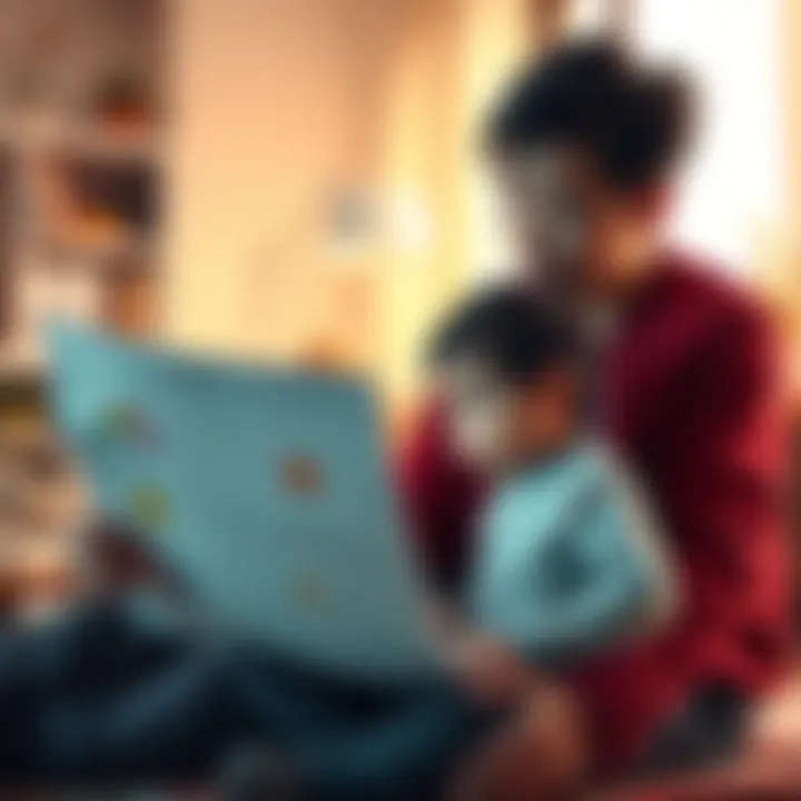 A parent and young child sitting together, looking at a chart that represents BaZi principles, with an expression of curiosity and engagement on their faces.
