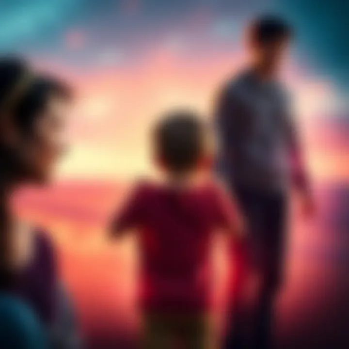 A child stands between a Scorpio mother protecting her and a Pisces father looking away, showcasing family dynamics