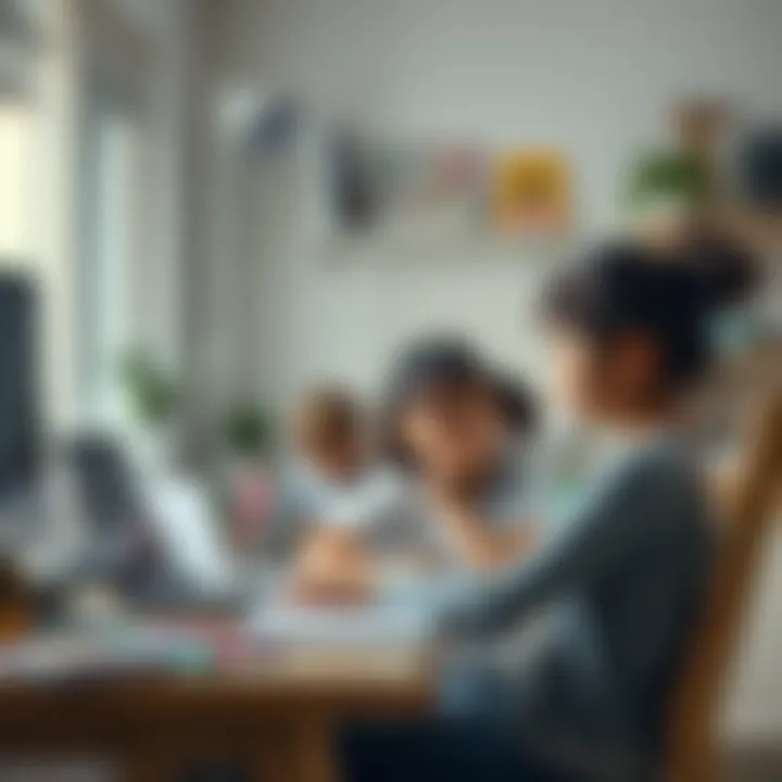 A mother sits at a desk with a laptop, looking thoughtfully at her daughter who is focused on schoolwork, surrounded by educational materials at home.