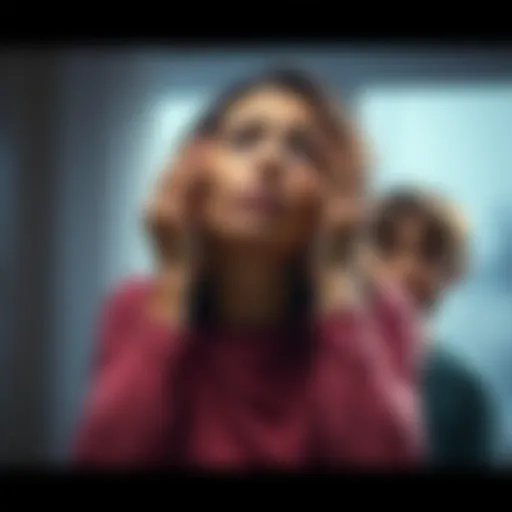 A distressed parent holding their head, looking overwhelmed, with a child in the background appearing concerned