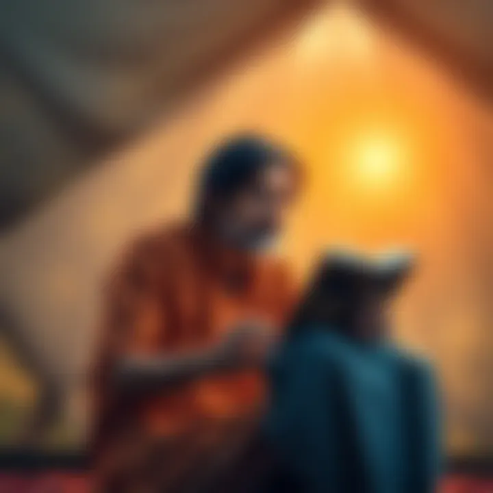 Parent contemplating guidance A parent sitting in a peaceful setting, reflecting while holding a book on Vedanta philosophy, with a soft light illuminating their face.