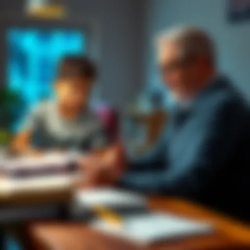A father sits with his son at a table, looking at books and notes, discussing education strategies